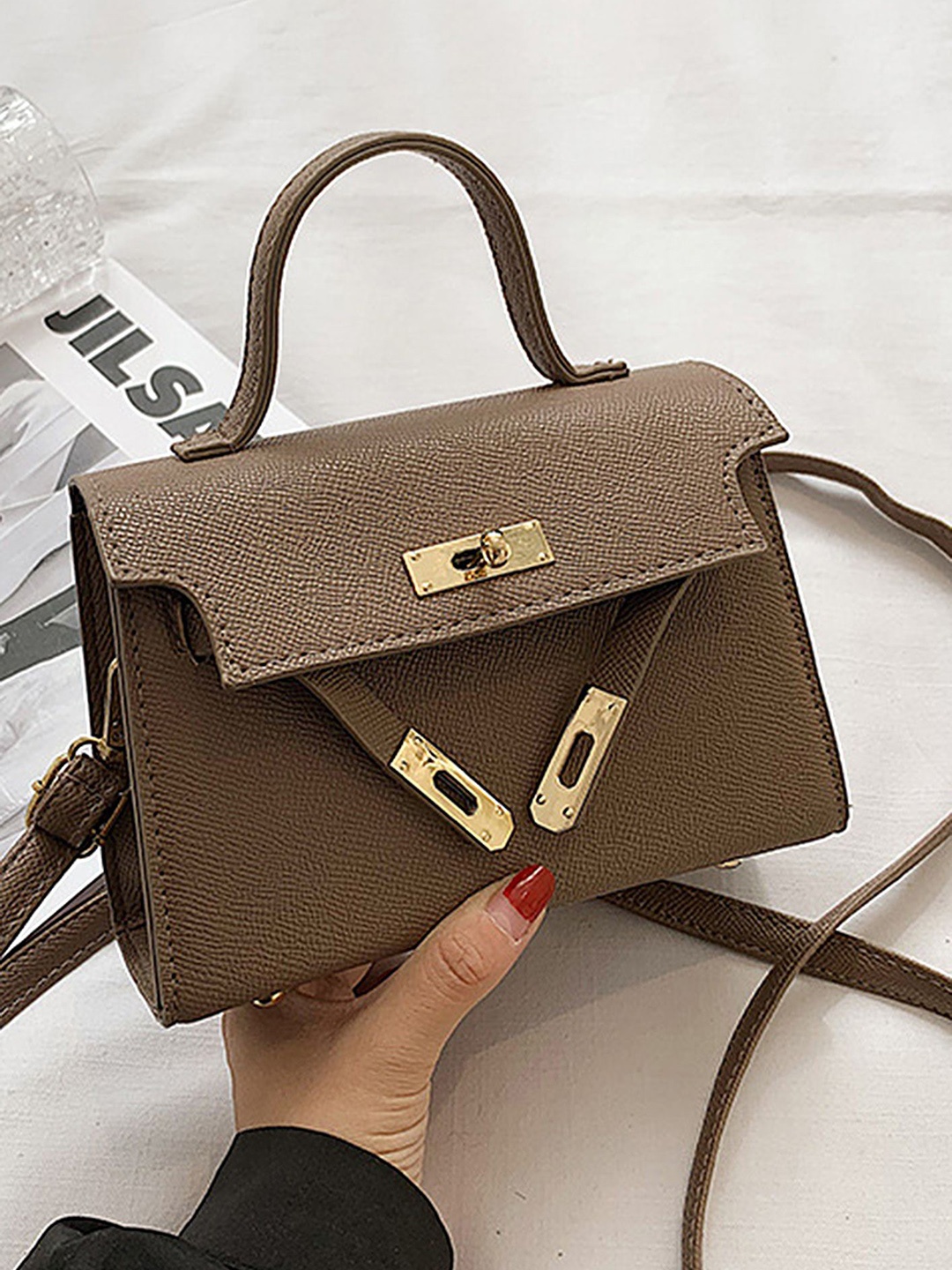 

LULU & SKY Embellished PU Structured Satchel, Khaki