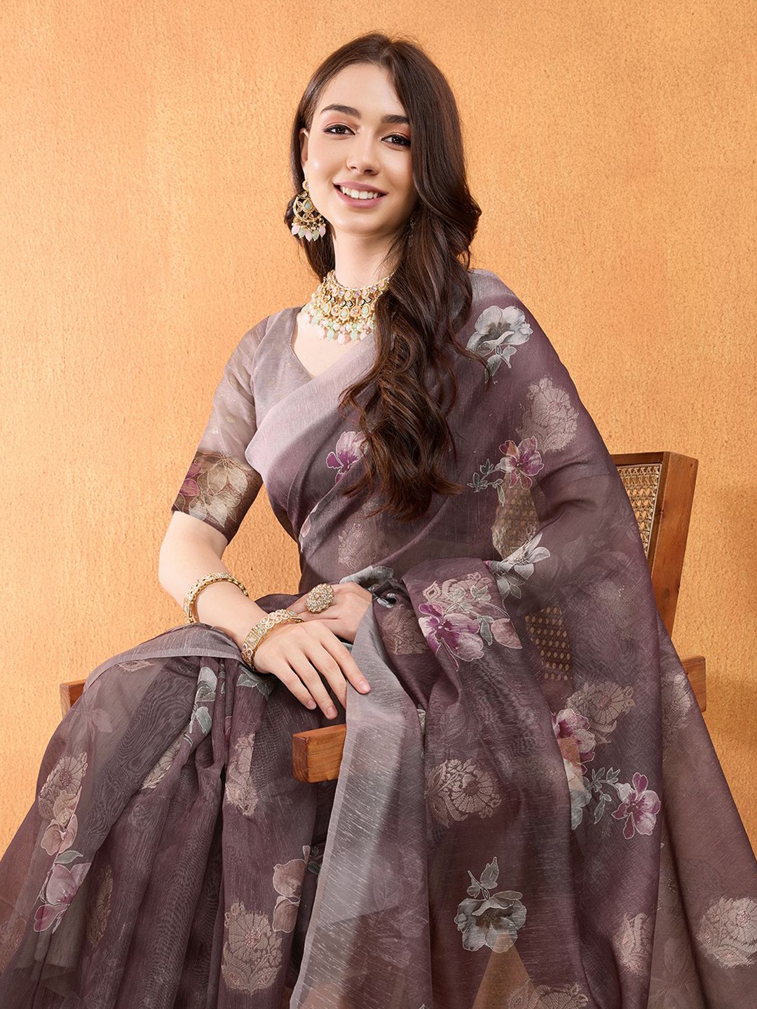 

Mantrotsav Floral Zari Saree, Brown