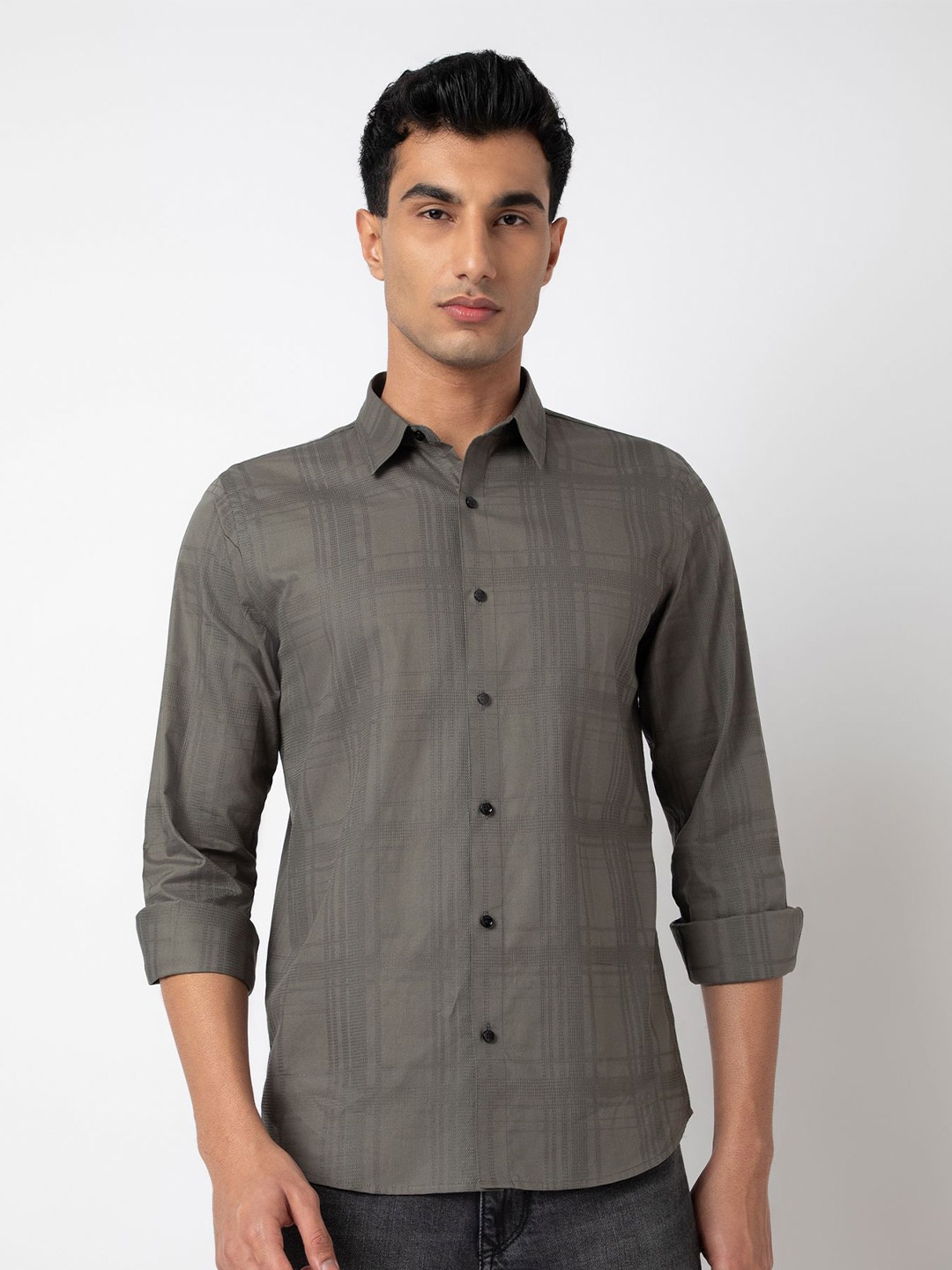 

MARK & ALBERT Men India Slim Fit Spread Collar Textured Cotton Casual Shirt, Olive