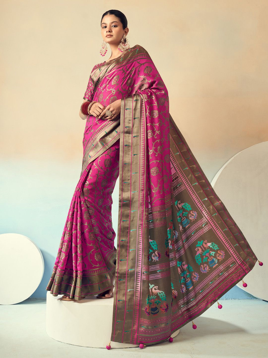 

Anouk Woven Design Zari Poly Georgette Saree, Pink