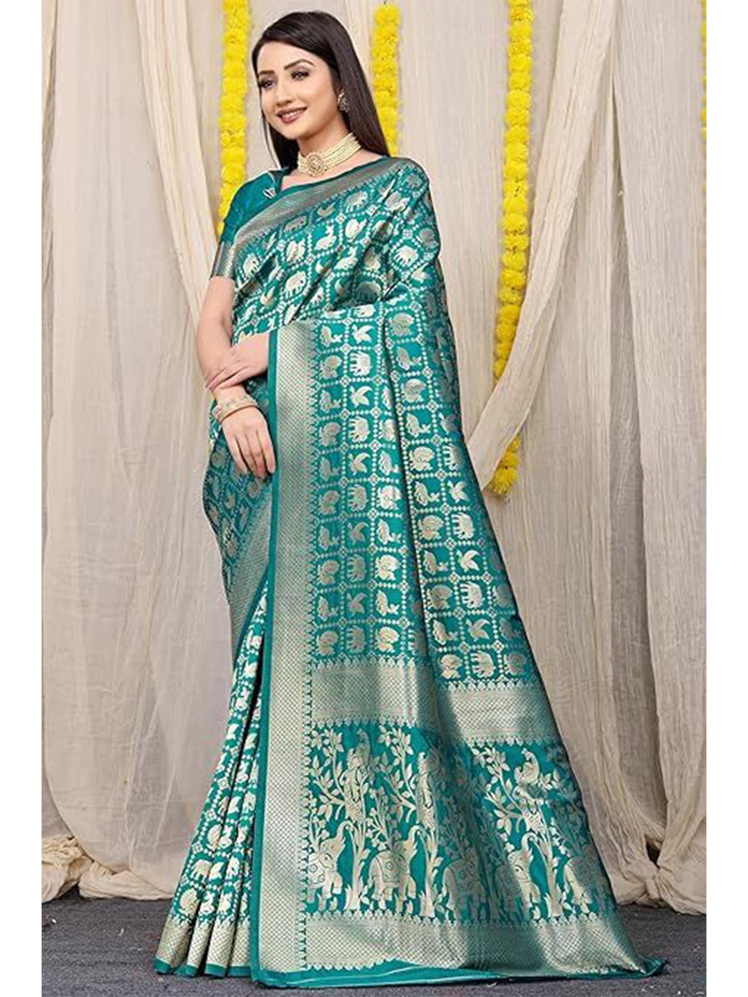 

Florence Woven Design Zari Pure Silk Kanjeevaram Saree, Teal