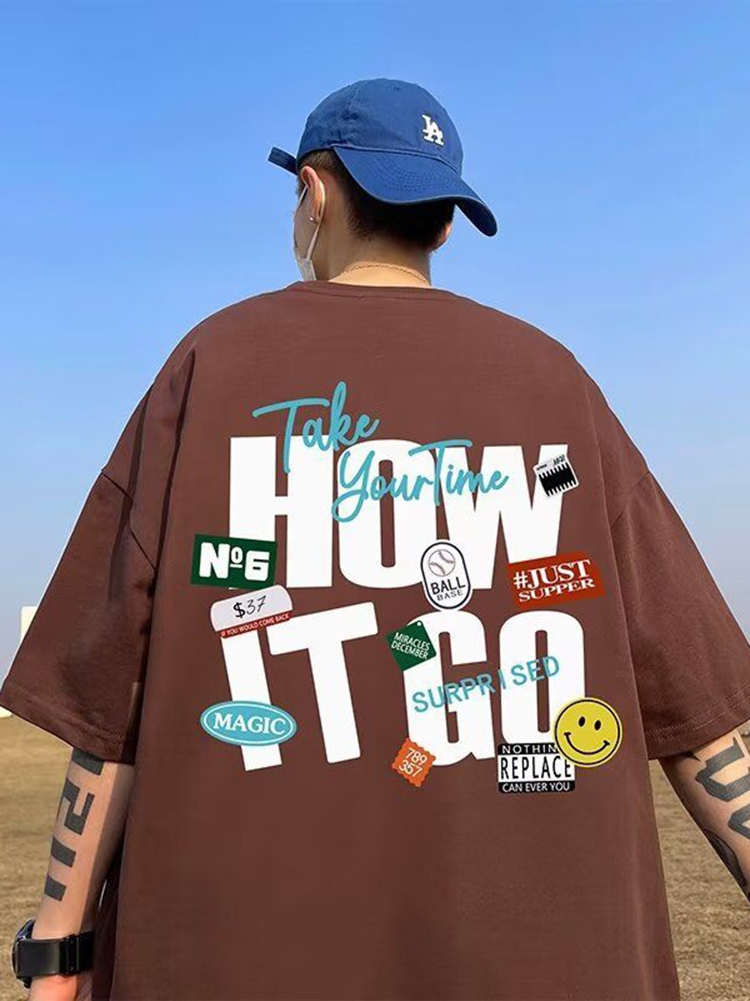 

HERE&NOW Men Typography Printed Round Neck Cotton Oversized T-shirt, Brown