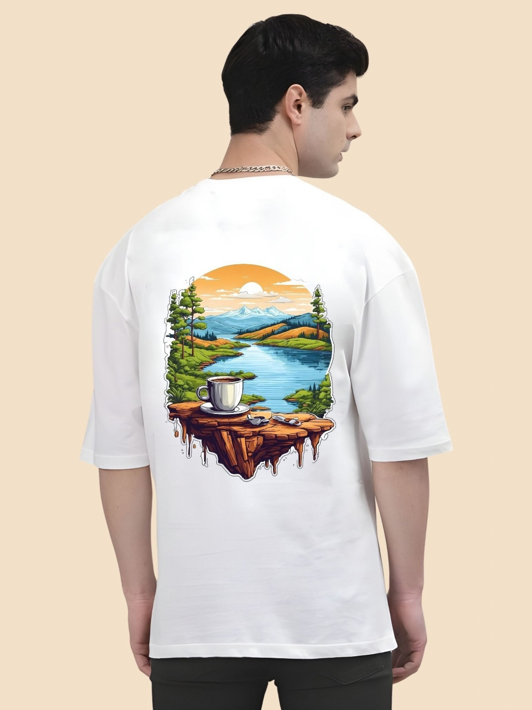 

SZN Men Graphic Printed Round Neck Cotton Oversized T-shirt, White