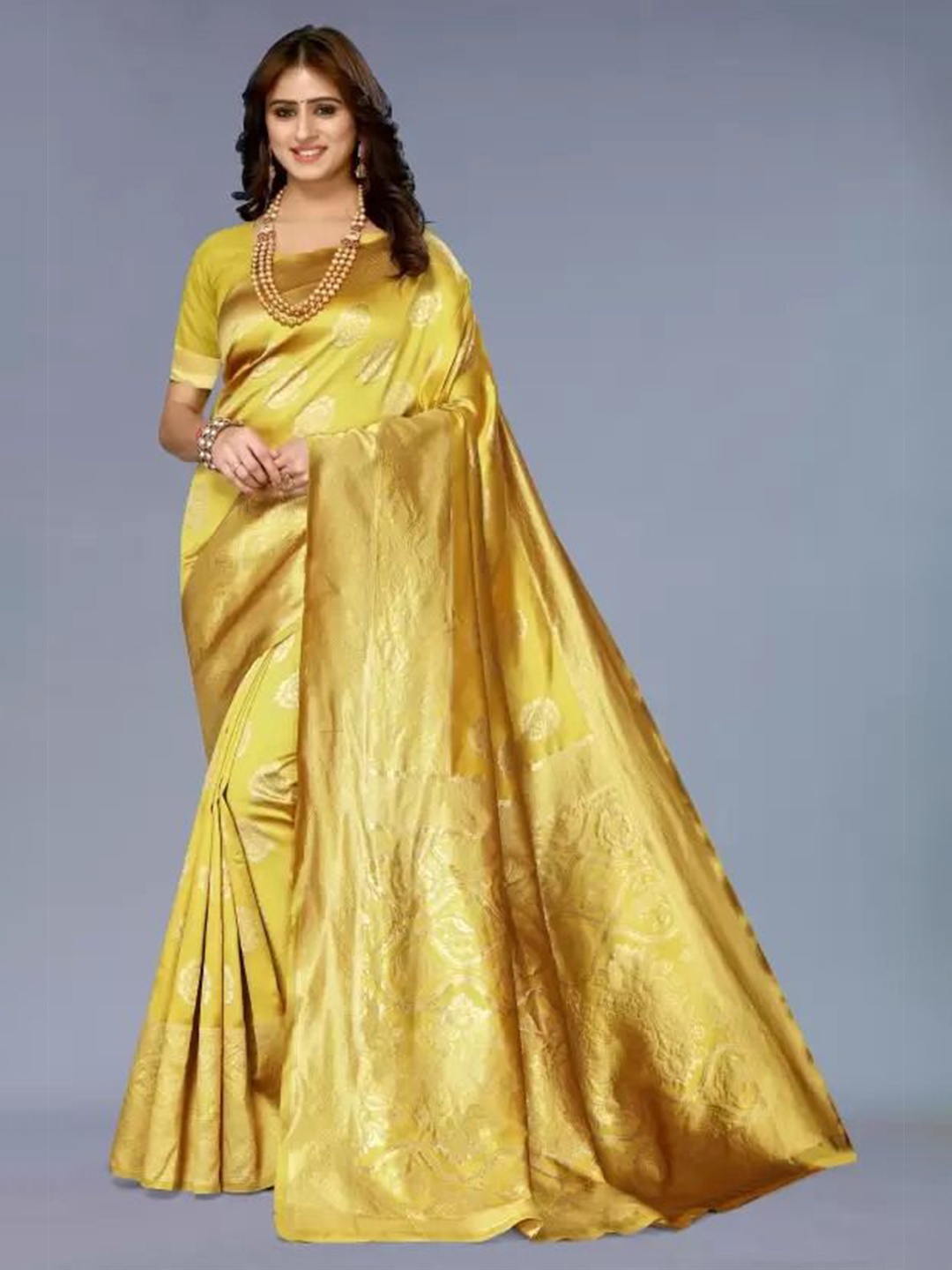 

Florence Woven Design Zari Pure Silk Kanjeevaram Saree, Yellow