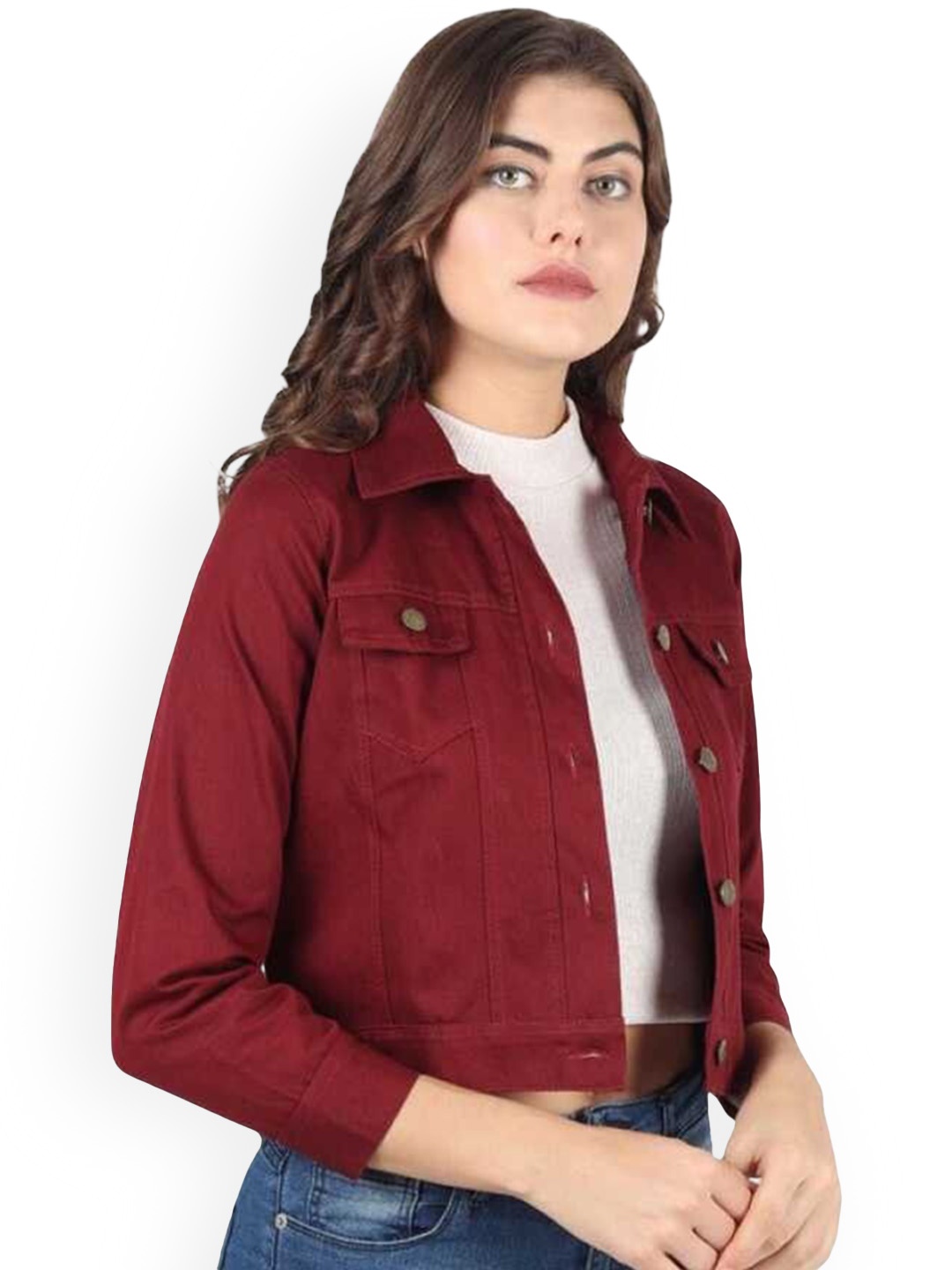 

KASHIAN Women Spread Collar Solid Casual Denim Jacket, Maroon