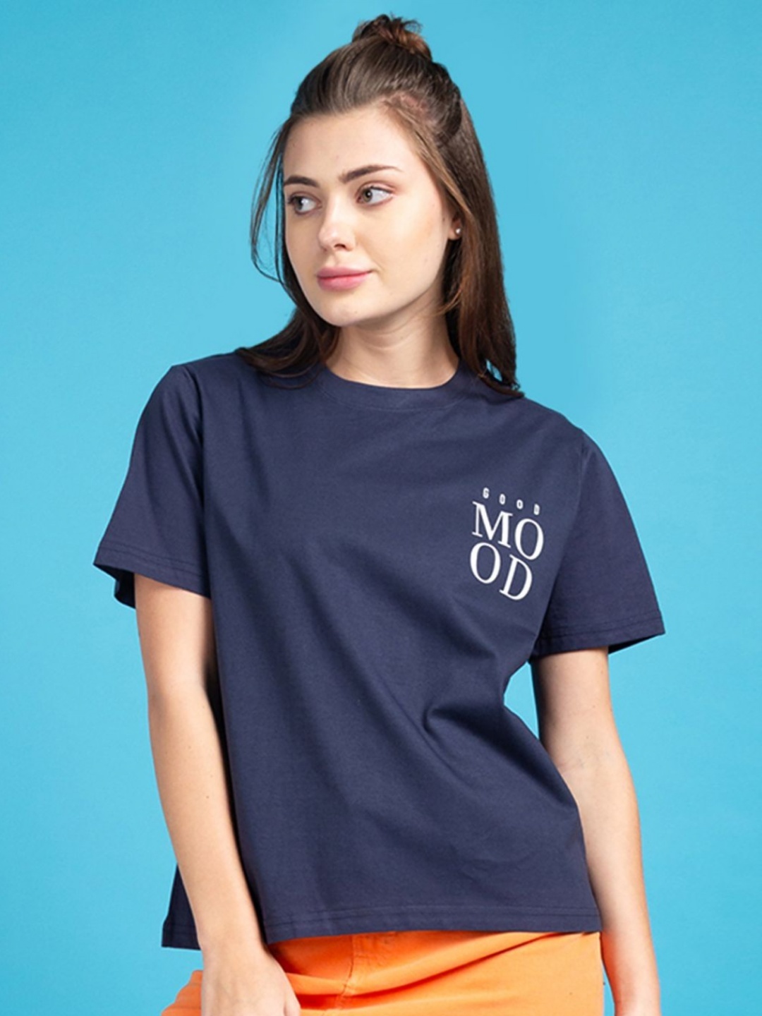 

Mast & Harbour Women Typography Printed Round Neck Cotton T-shirt, Navy blue