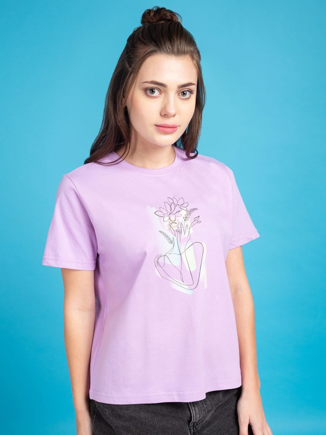 

Mast & Harbour Women Graphic Printed Round Neck Cotton T-shirt, Violet