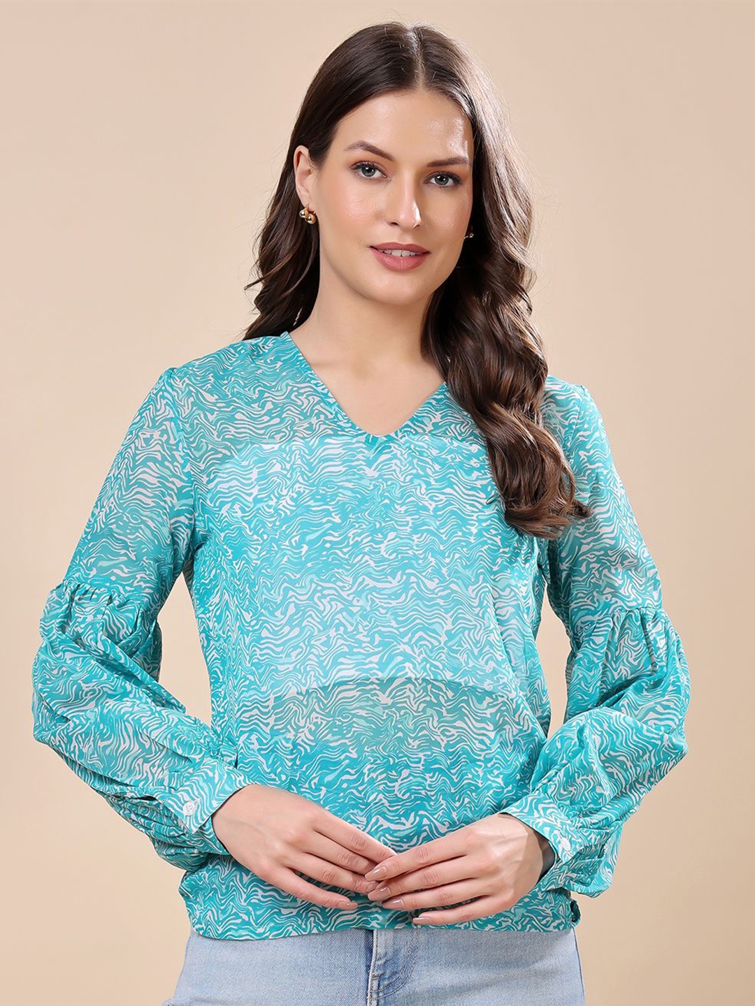 

Moda Rapido Print Bishop Sleeves Georgette Tube Top, Green