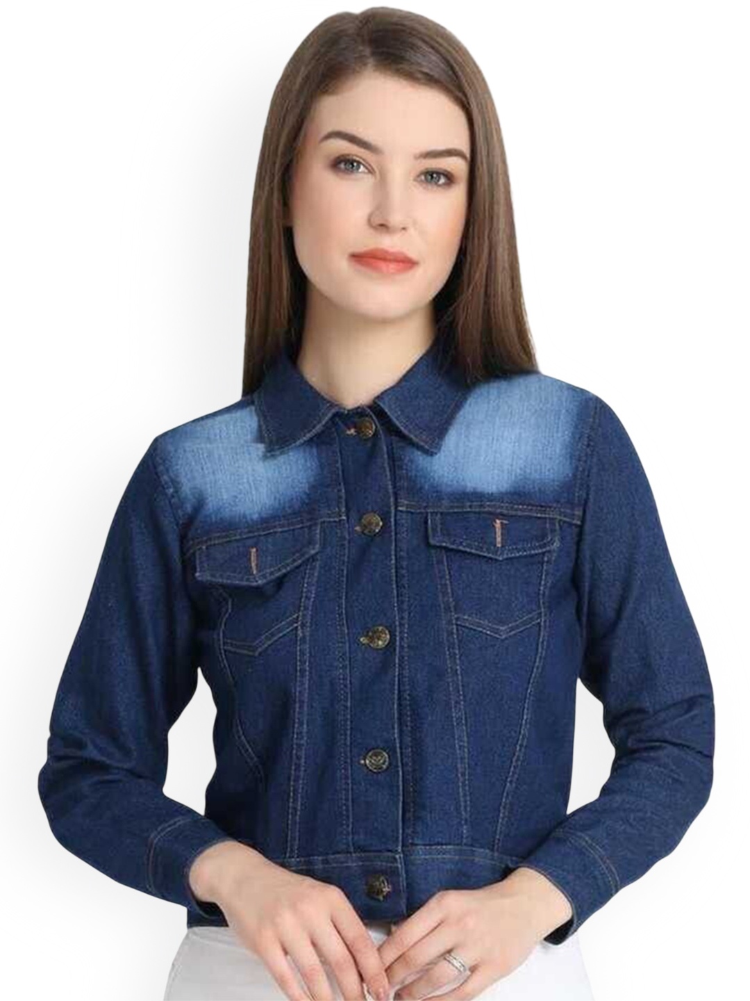 

KASHIAN Women Spread Collar Solid Casual Denim Jacket, Blue