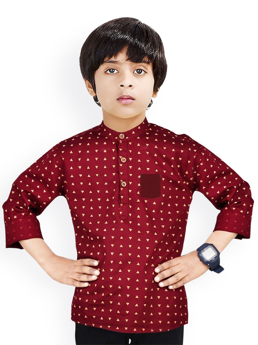 

MADE IN THE SHADE Boys Geometric Printed Band Collar Pure Cotton Short Kurta, Red