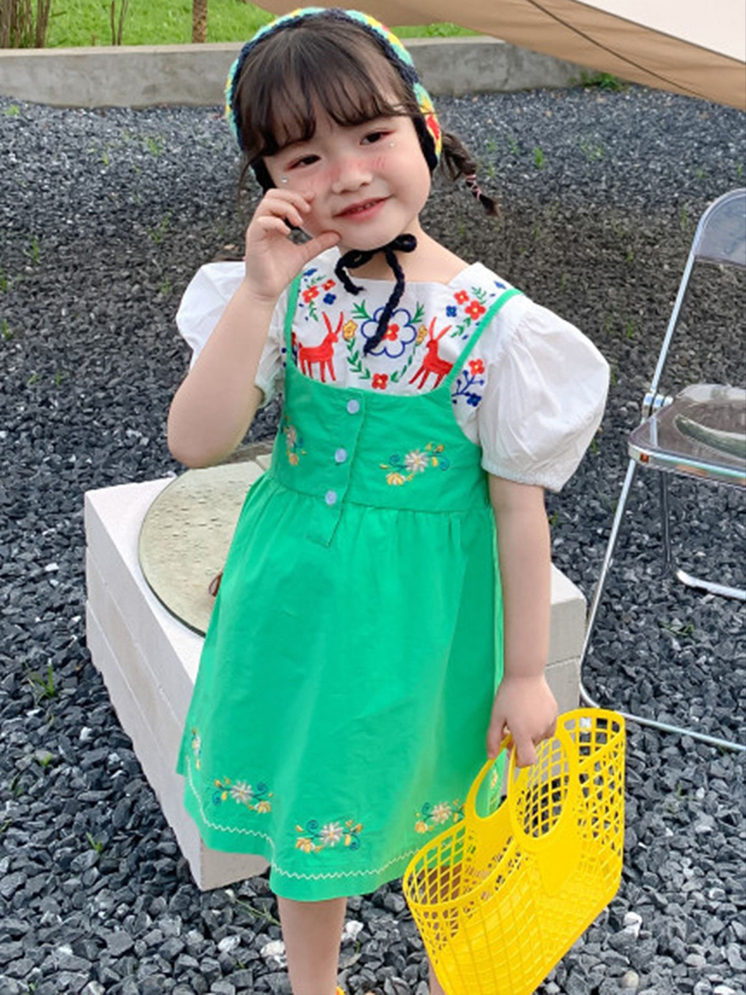 

LULU & SKY Girls Floral Embroidered Puff Sleeve Pinafore Dress, Green