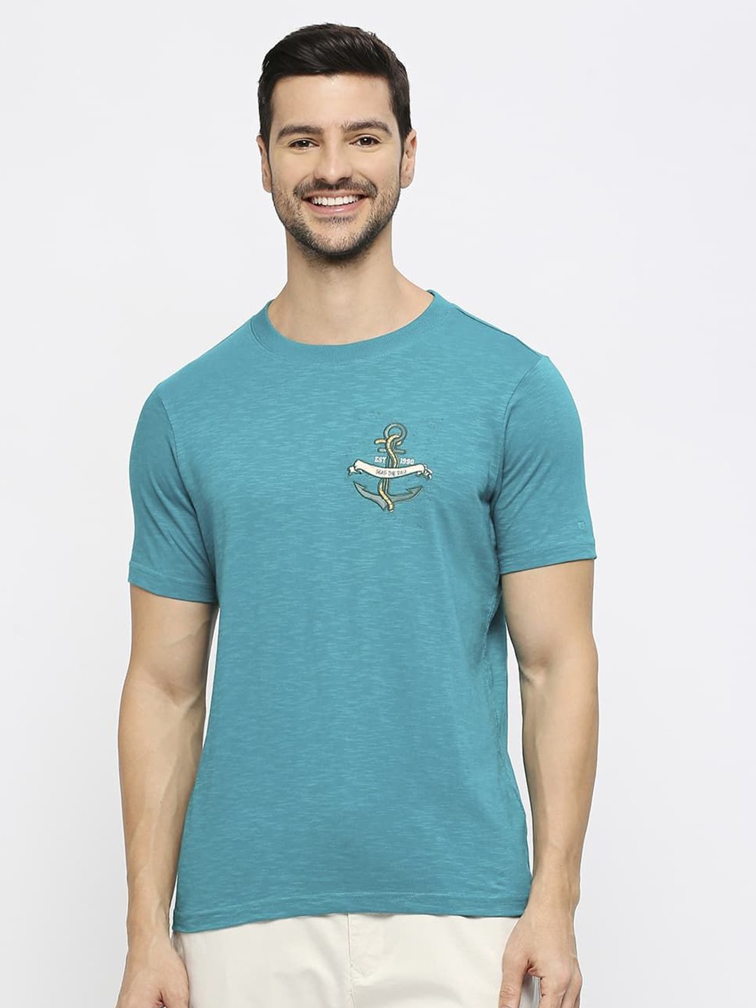 

Basics Men Graphic Printed Round Neck Cotton Boxy T-shirt, Green