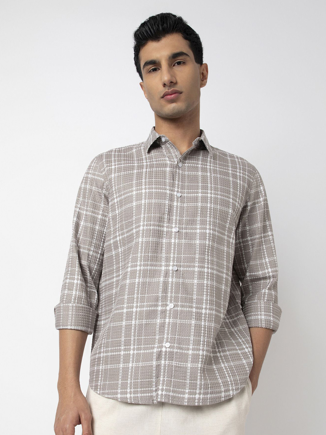 

MARK & ALBERT Men Slim Fit Windowpane Checks Opaque Checked Casual Shirt, Grey