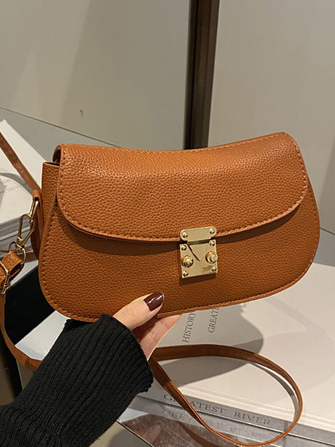 

LULU & SKY PU Structured Handheld Bag with Bow Detail, Brown