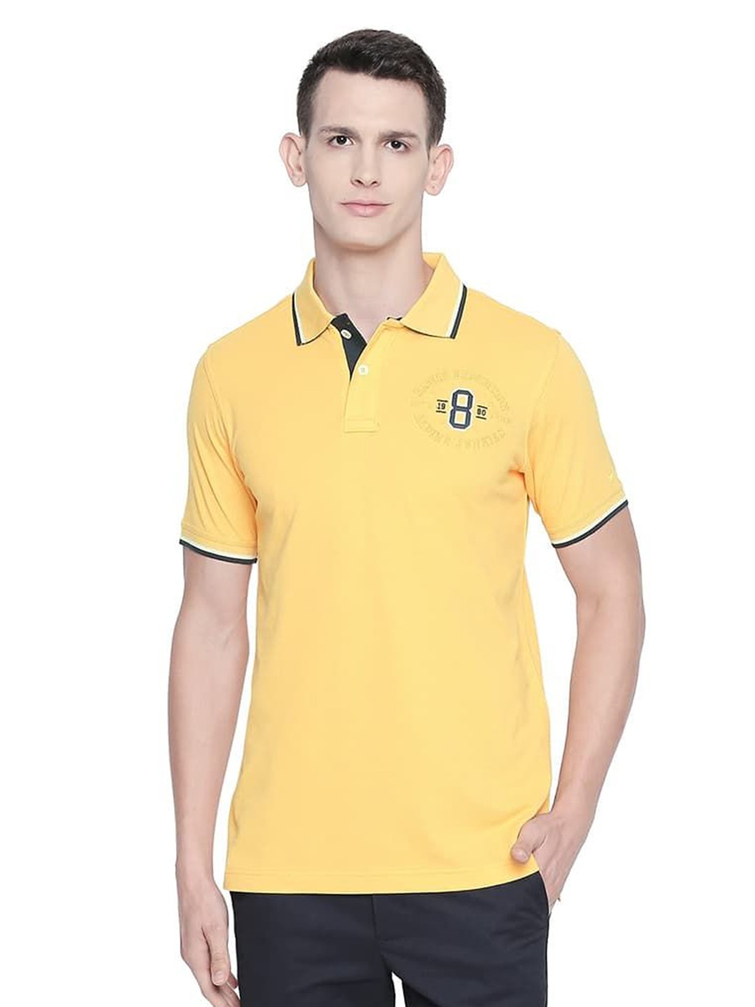 

Basics Men Solid Polo Collar Cotton Slim Fit T-shirt, Yellow