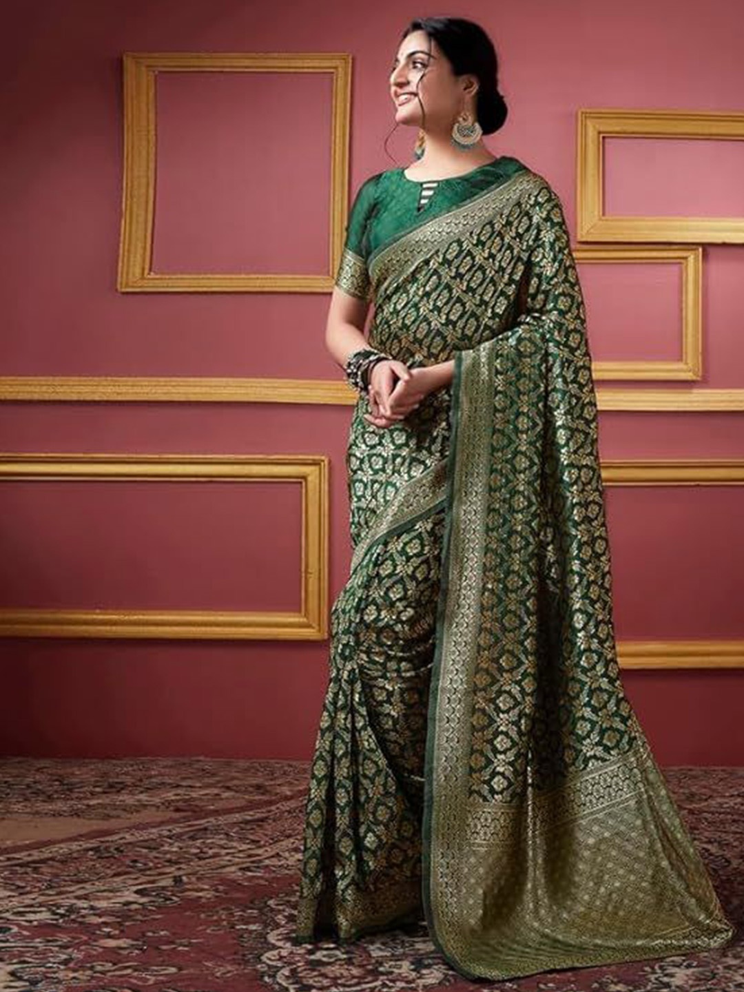 

Florence Woven Design Zari Pure Silk Kanjeevaram Saree, Green