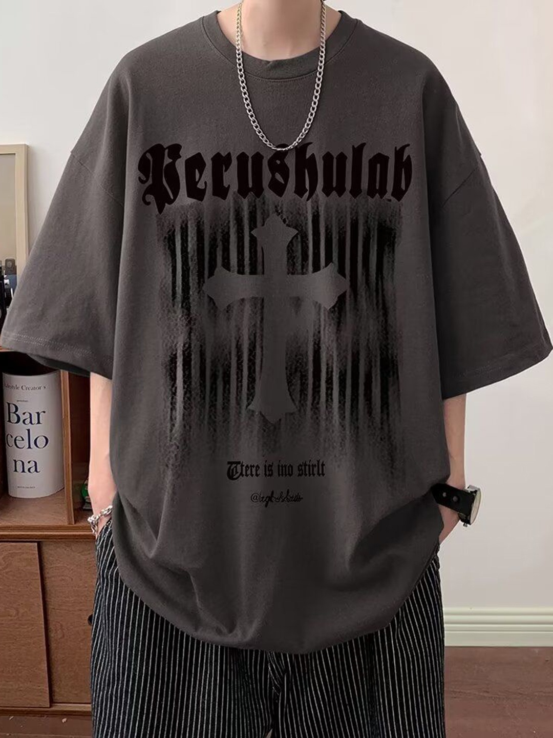 

HERE&NOW Men Typography Printed Round Neck Cotton Oversized T-shirt, Grey