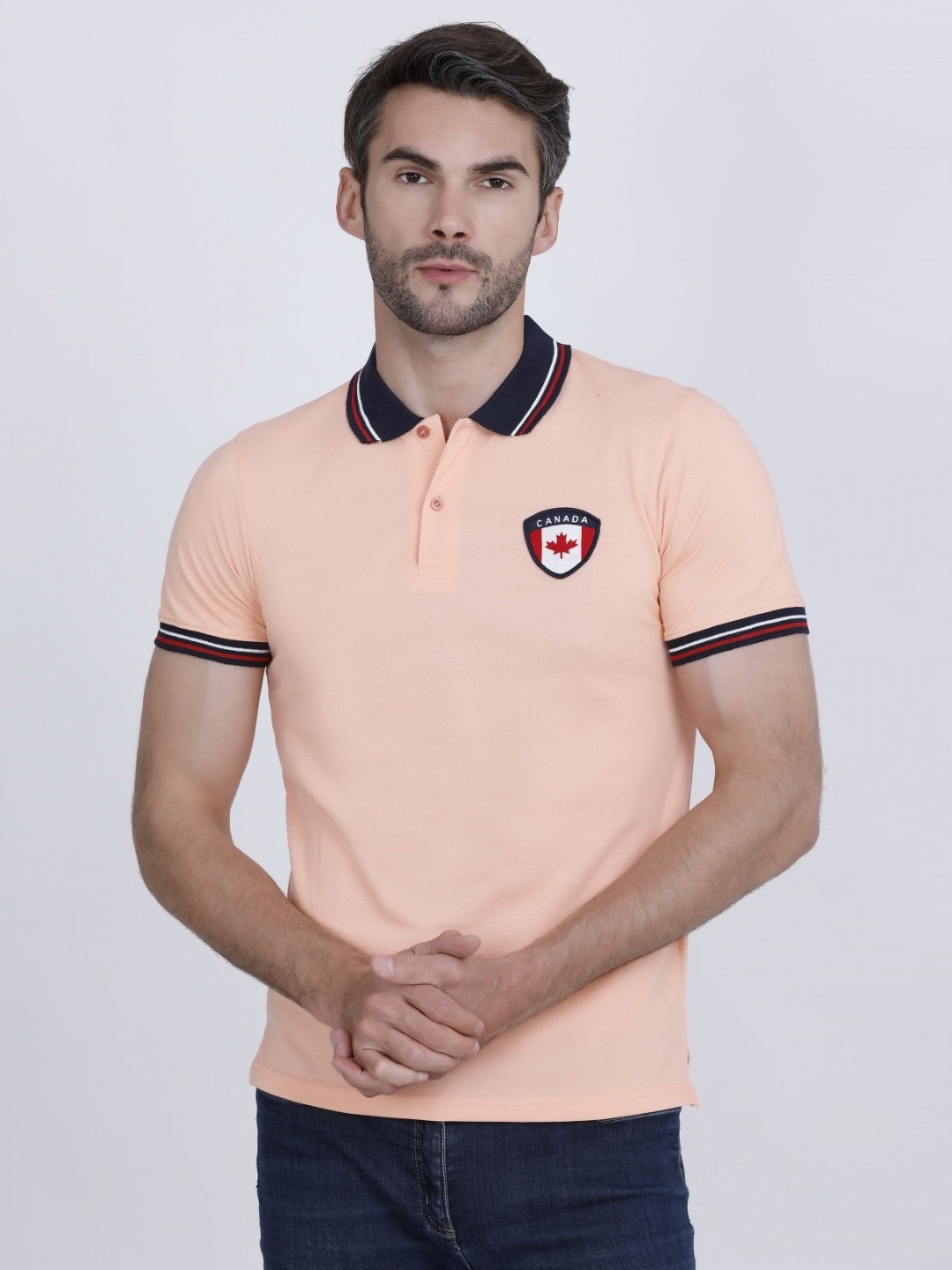 

PYRO SPIRIT Men Solid Polo Collar Cotton T-shirt, Peach
