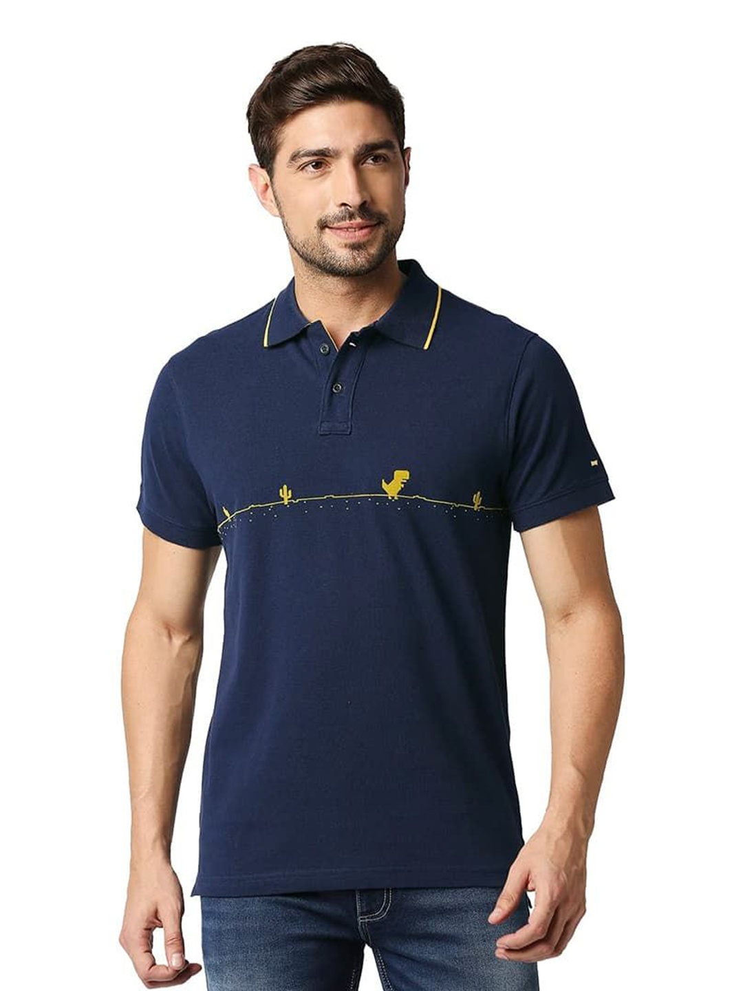 

Basics Men Graphic Printed Polo Collar Cotton T-shirt, Navy blue