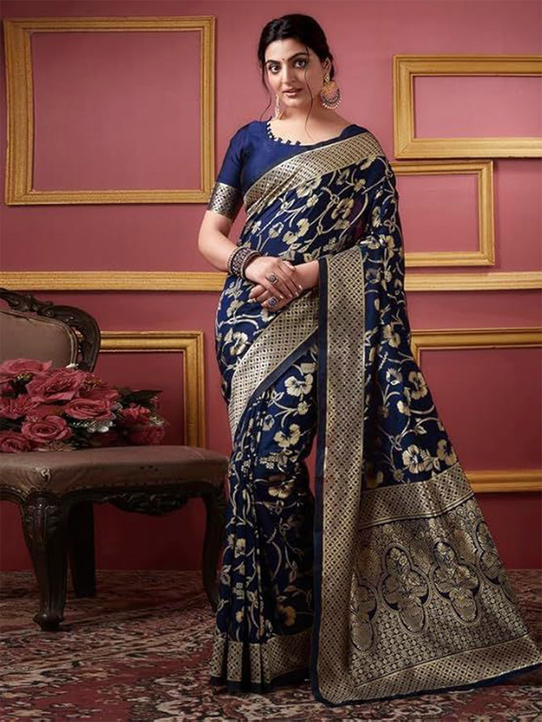 

Florence Woven Design Zari Pure Silk Kanjeevaram Saree, Navy blue