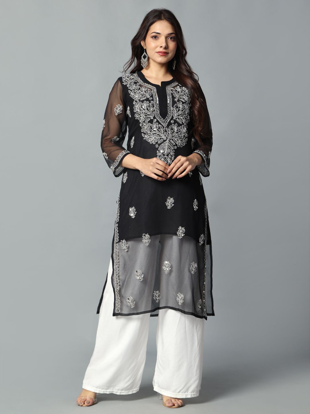 

Fashionable Chikan Handikraft Floral Embroidered Thread Work Georgette Straight Kurta, Black