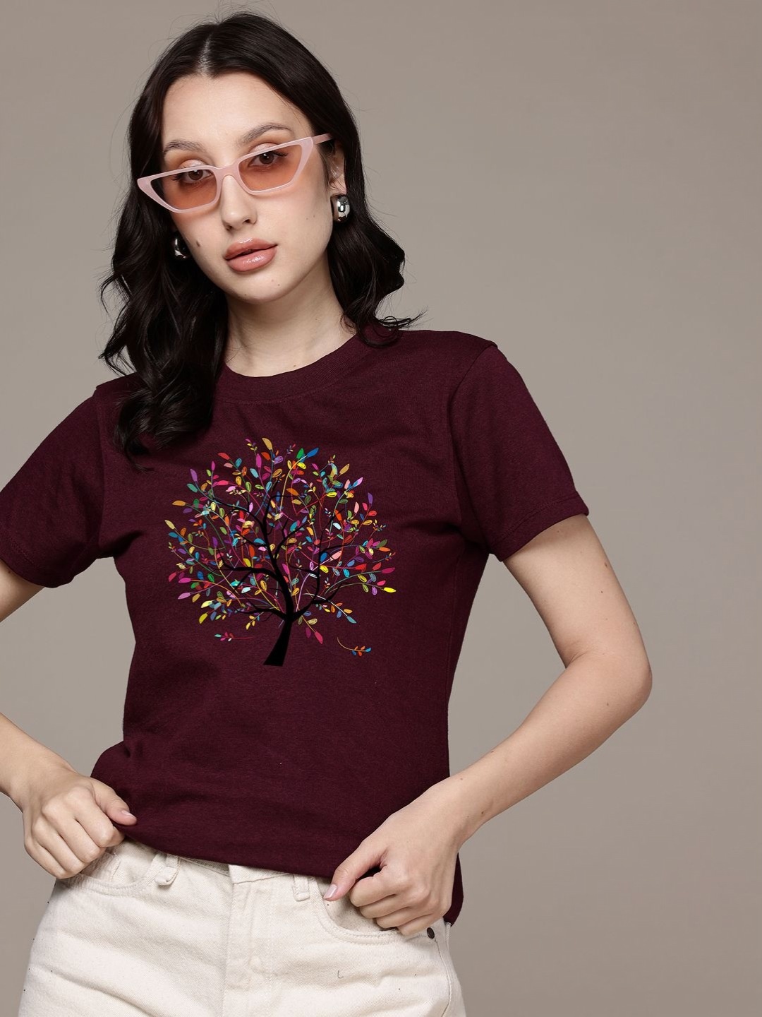 

Moda Rapido Women Graphic Printed Round Neck Regular Fit Cotton T-shirt, Burgundy
