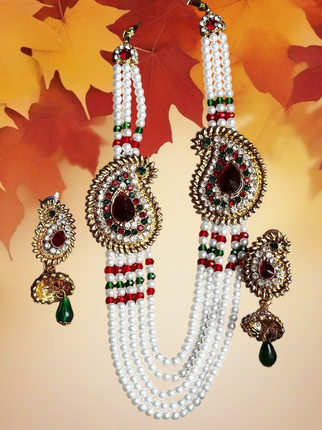 

Anouk Gold-Plated Stone Studded & Beaded Rani Haar Necklace And Earrings