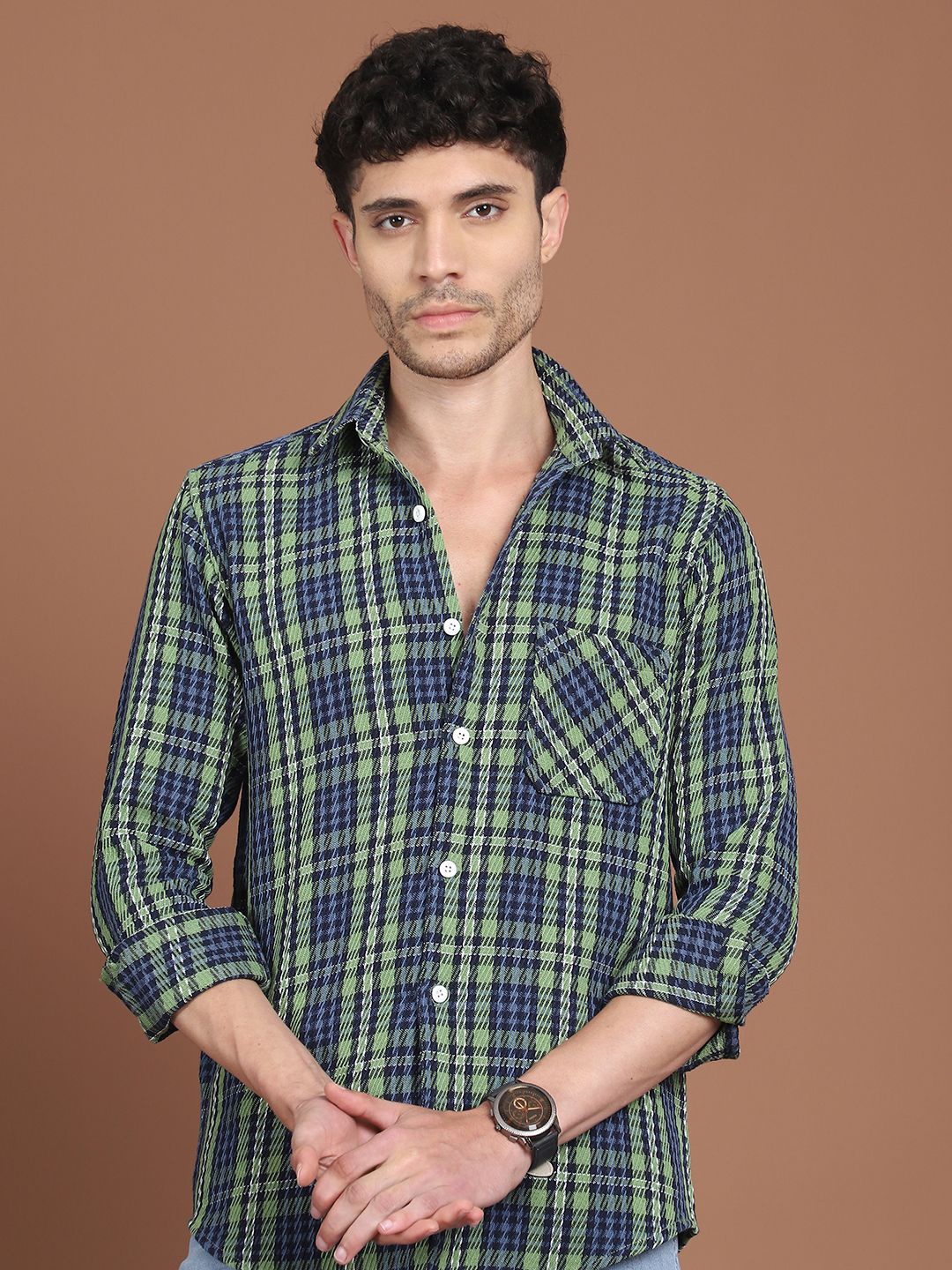 

Indian Needle Men Classic Relaxed Fit Spread Collar Multi Striped Cotton Casual Shirt, Green