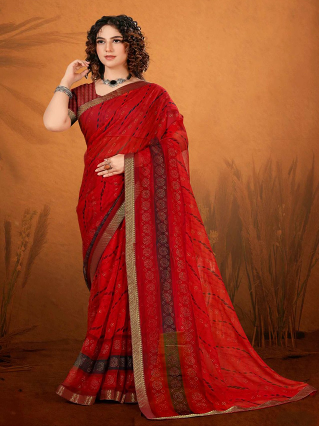 

SHOPPKEE Striped Sequinned Poly Chiffon Designer Banarasi Saree, Red