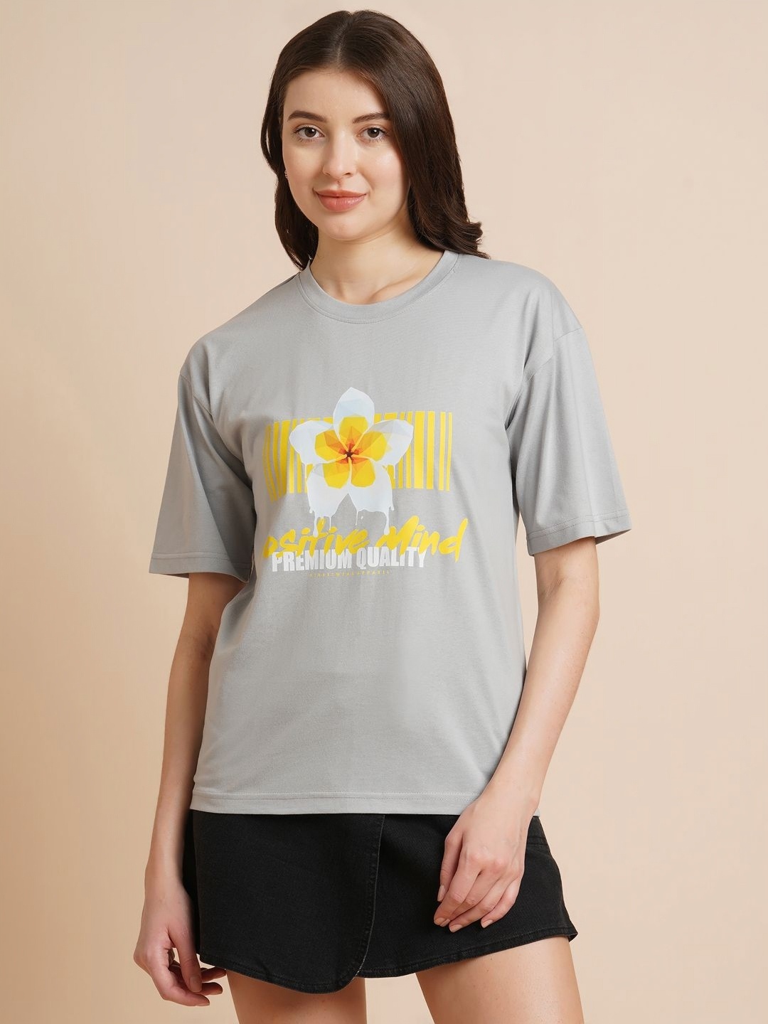 

ANJIR Women Floral Printed Round Neck T-shirt, Grey