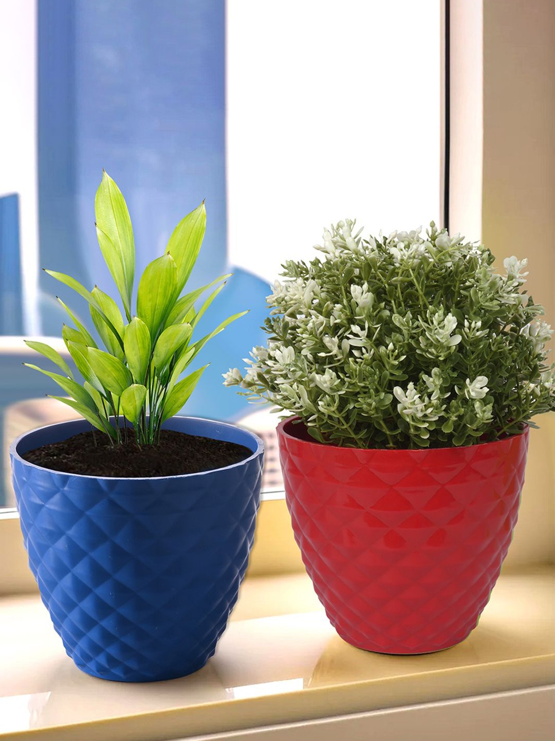 

Kuber Industries Blue & Red 2 Pieces Textured Round Planters