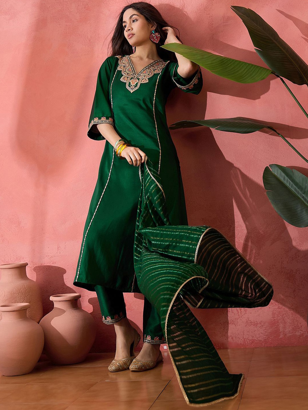 

Sangria Floral Yoke Design V-Neck Sequinned Straight Kurta With Trouser And Dupatta, Green