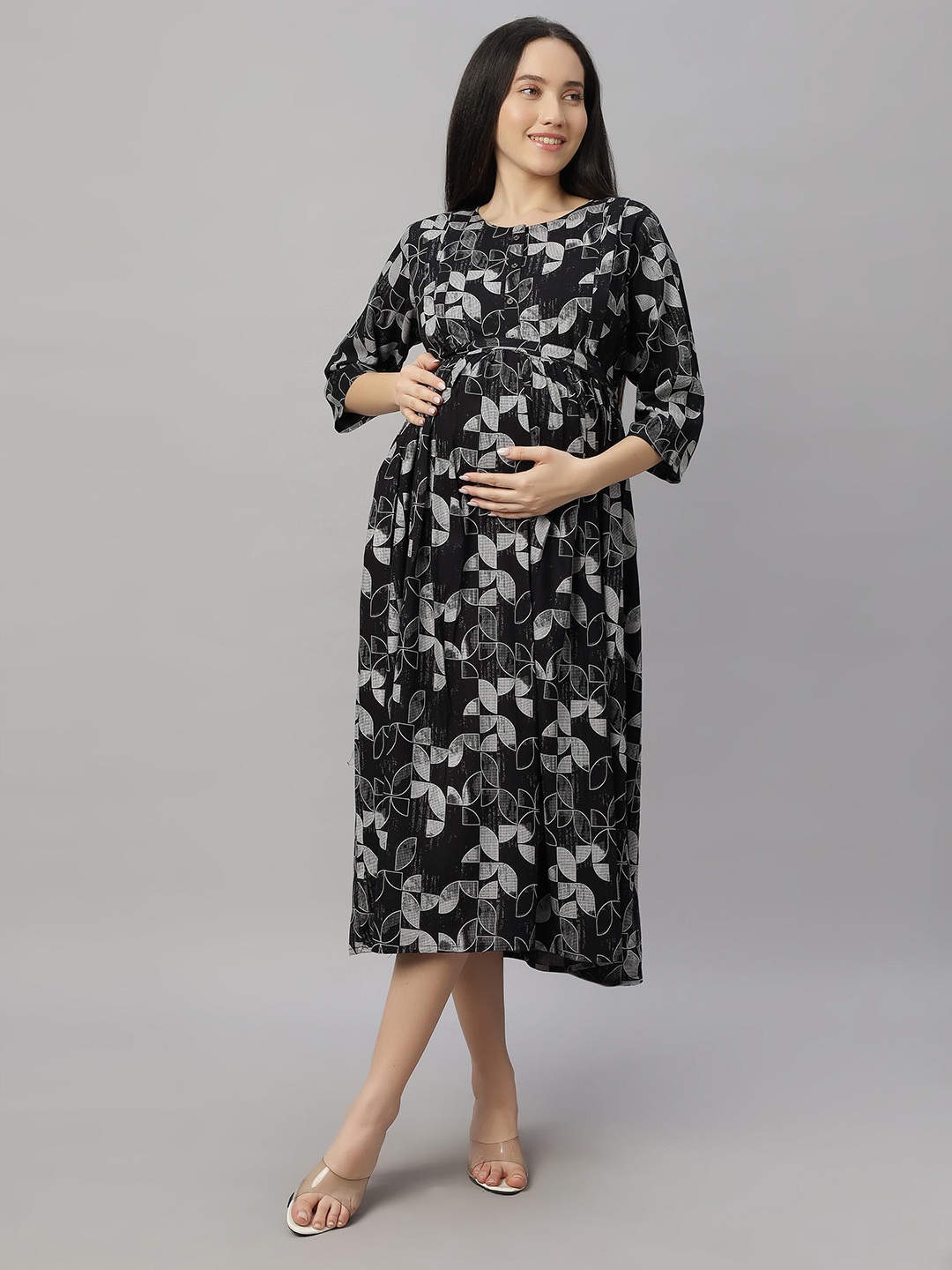 

DZZO Women Abstract Printed Maternity Fit & Flare Midi Dress, Black