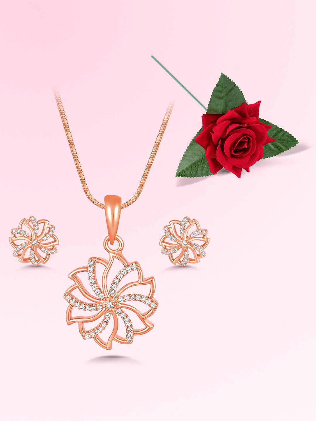 

Peora Rose Gold-Plated Cubic Zirconia Studded Jewellery Set With Red Rose Box