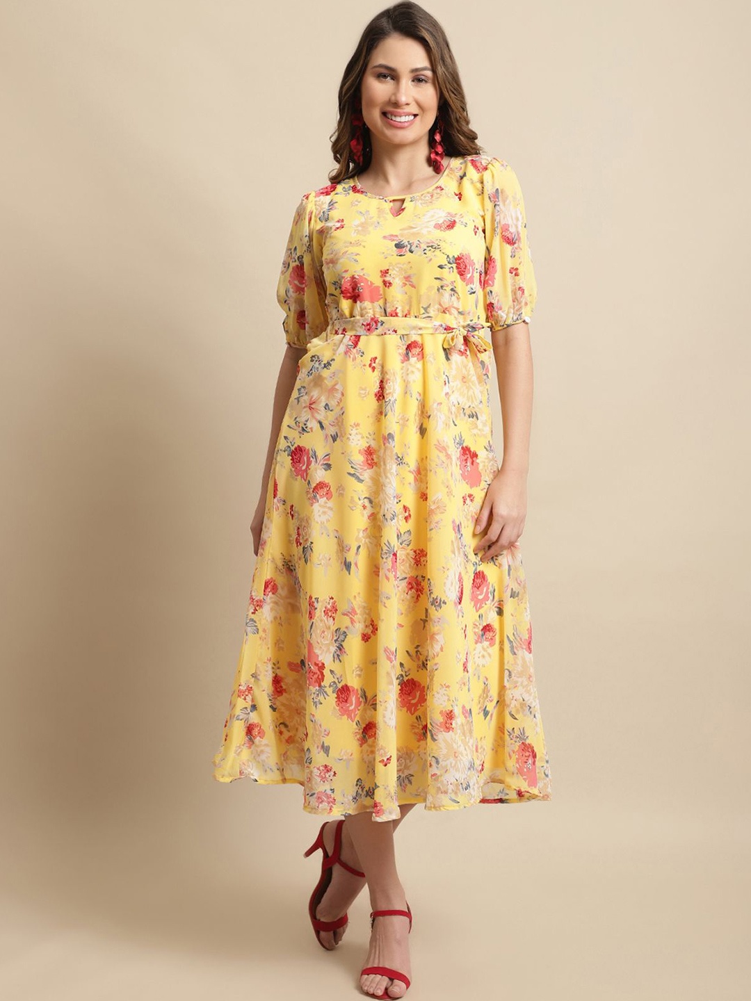 

Tromko Floral Print Georgette Fit & Flare Midi Dress, Yellow