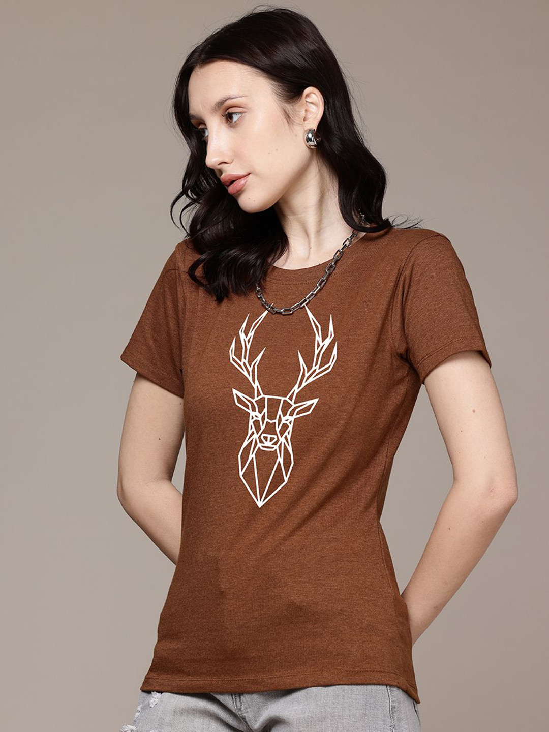 

Moda Rapido Women Graphic Printed Round Neck Regular Fit Cotton T-shirt, Brown