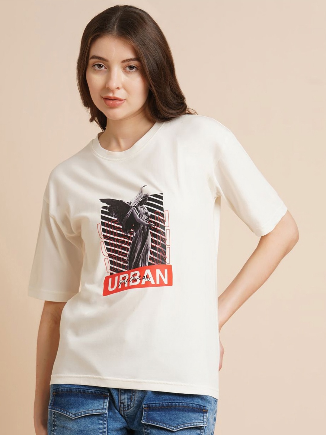 

ANJIR Women Graphic Printed Round Neck Oversized T-shirt, White