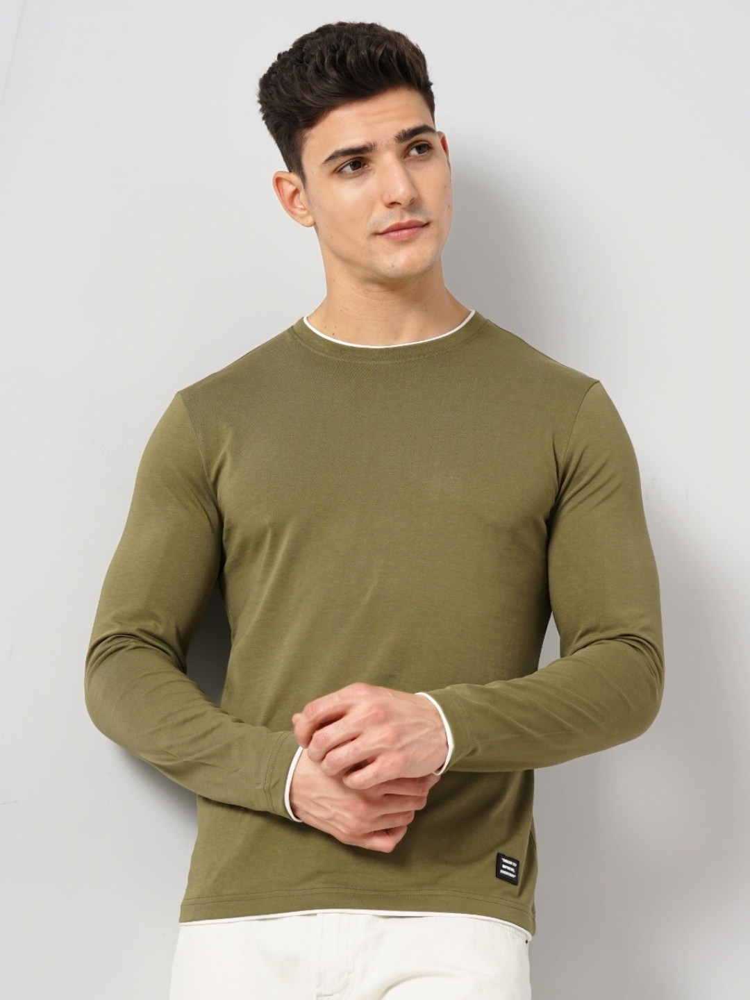 

Genoa Men Solid Round Neck Cotton Slim Fit T-shirt, Olive
