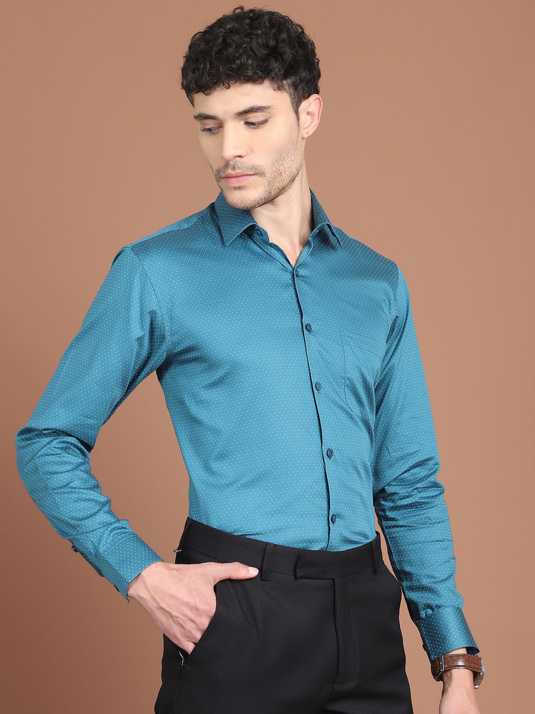 

Indian Needle Men Classic Polka Dot Opaque Printed Formal Shirt, Blue