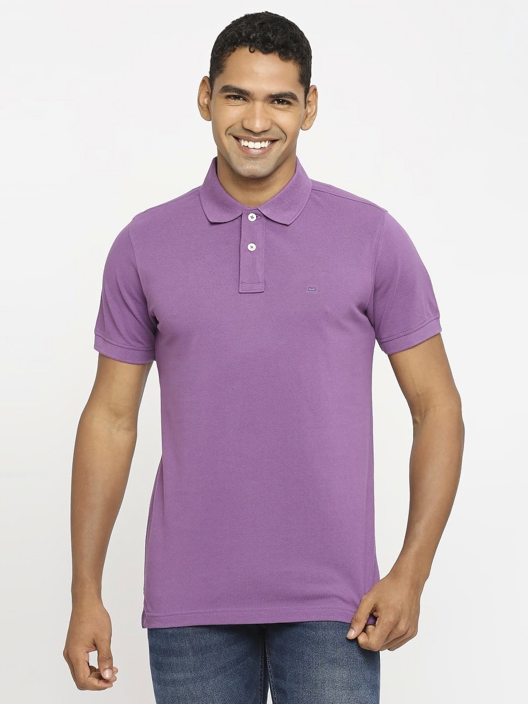 

Basics Men Solid Polo Collar Cotton T-shirt, Lavender