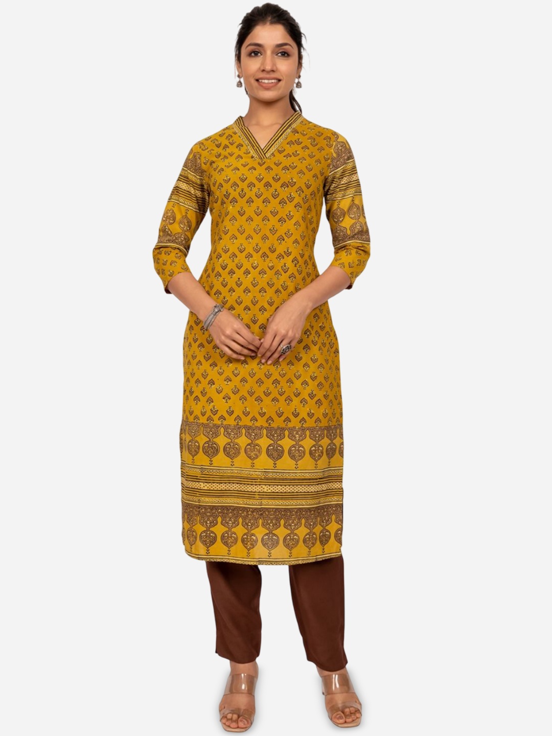 

INDIE JHOLA Floral Ajrakh Printed V-Neck Cotton Straight Kurta, Mustard
