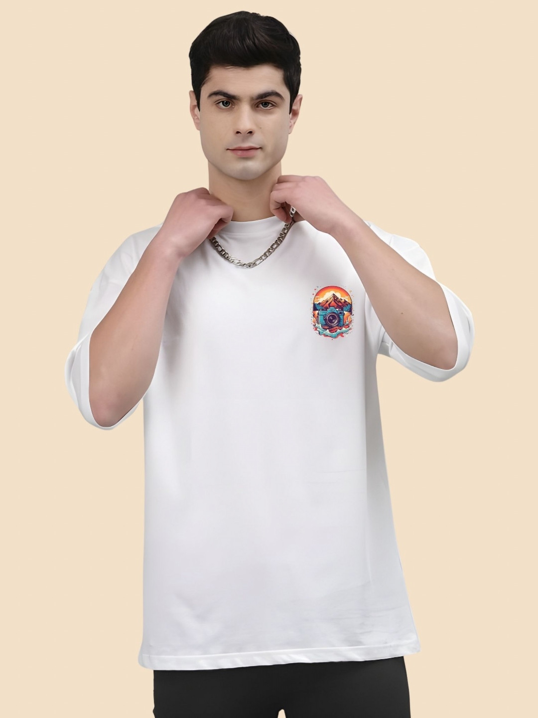

SZN Men Graphic Printed Round Neck Cotton Oversized T-shirt, White