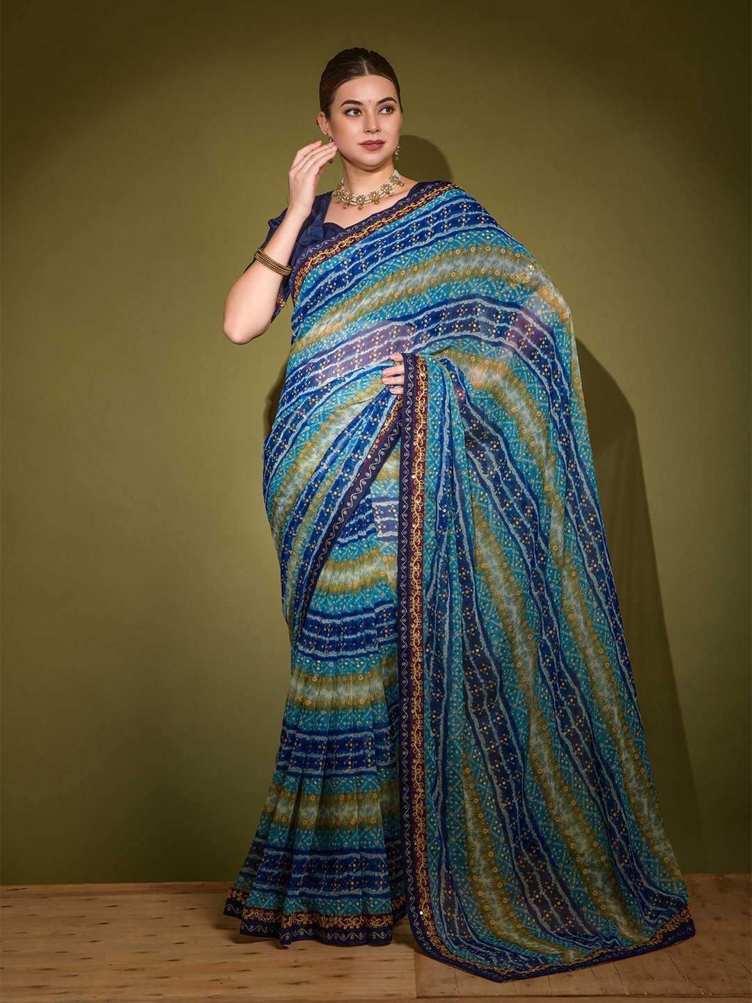 

DIVASTRI Striped Embroidered Poly Georgette Saree, Blue