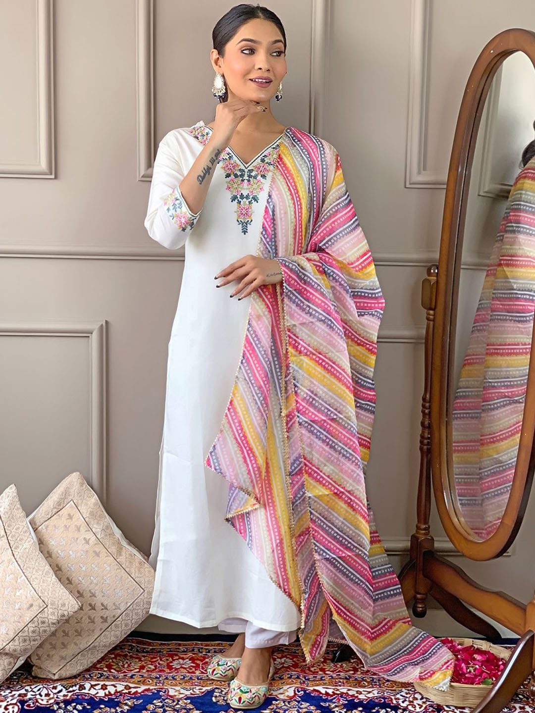 

KALINI Floral Embroidered V Neck Kurta With Trousers & Dupatta, Off white