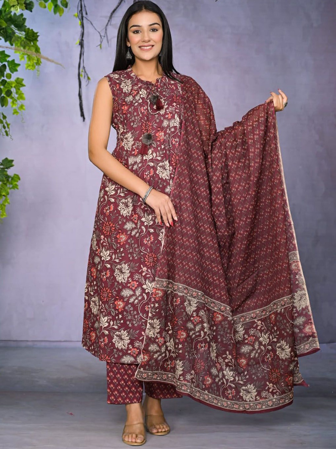 

Meena Bazaar Floral Printed A-Line Kurta with Trouser & Dupatta, Burgundy