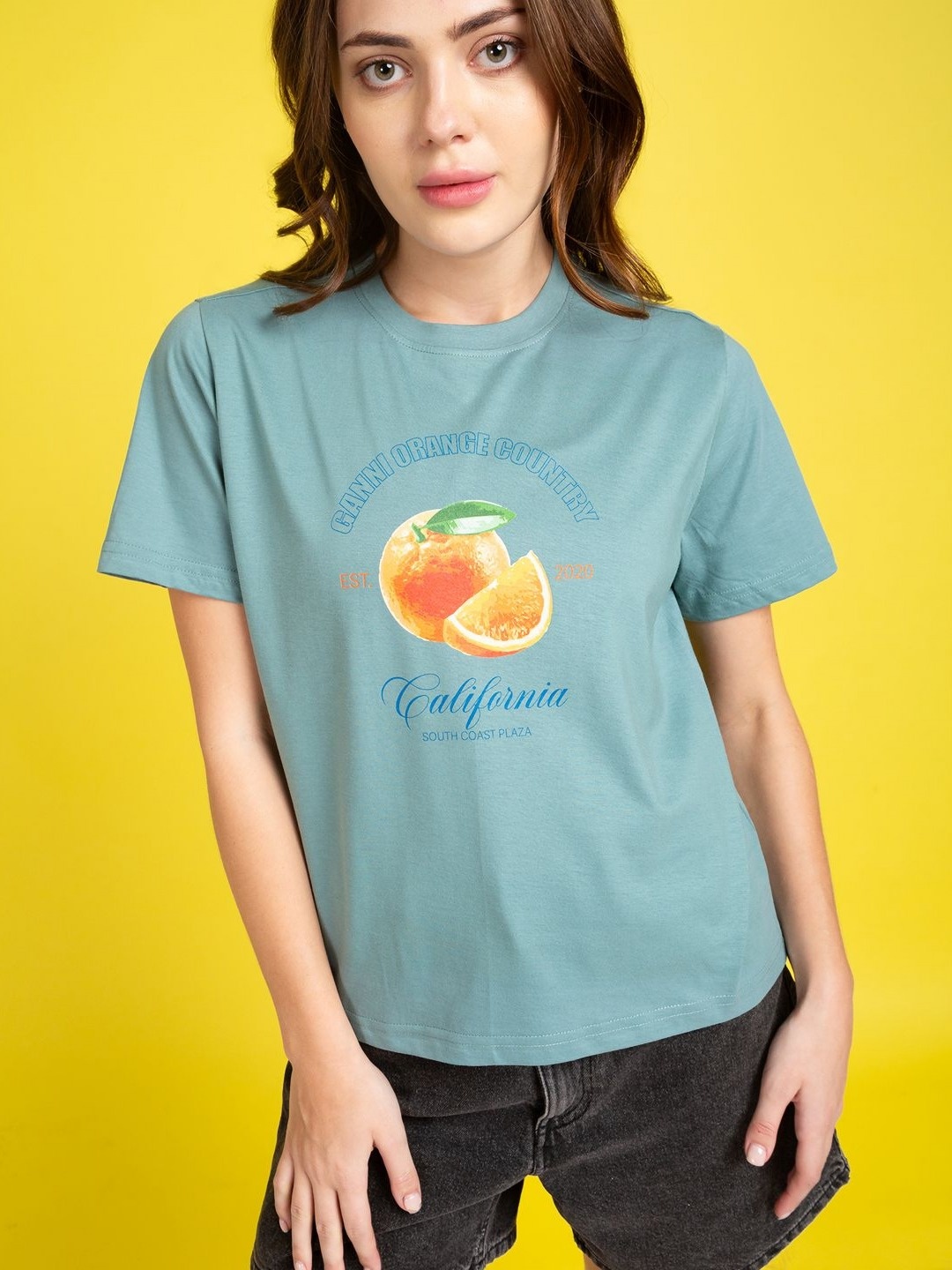 

Mast & Harbour Women Graphic Printed Round Neck Cotton T-shirt, Sea green