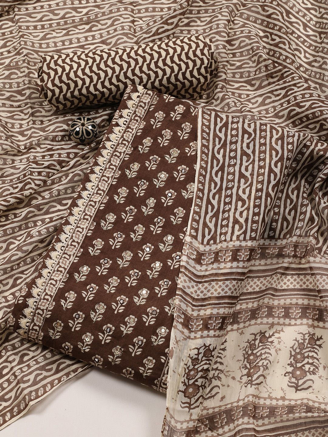 

Meena Bazaar Floral Printed Mirror Work Unstitched Dress Material, Brown