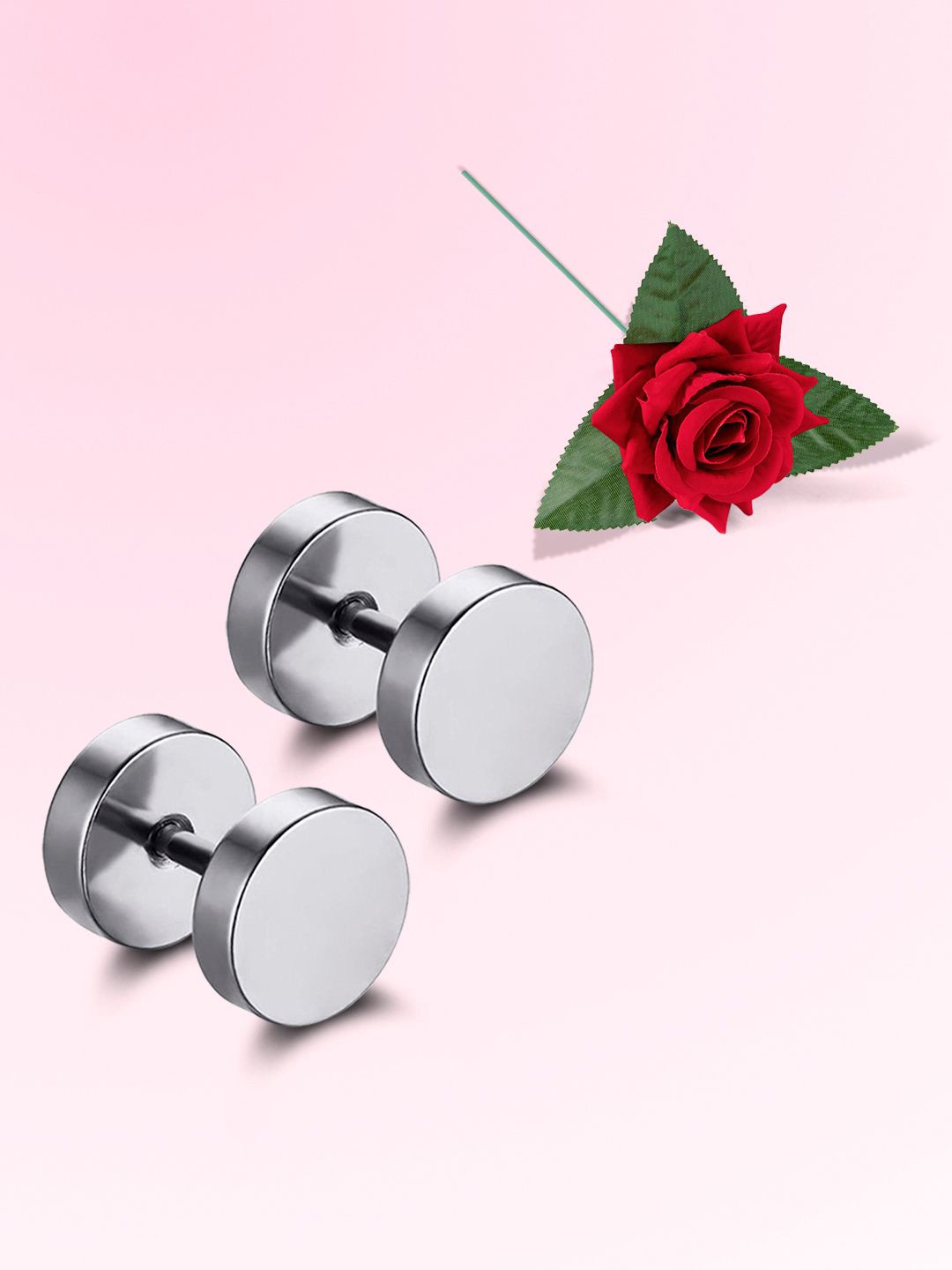 

Peora Stainless Steel Men Silver-Plated Circular Shaped Double Sided Studs With Red Rose