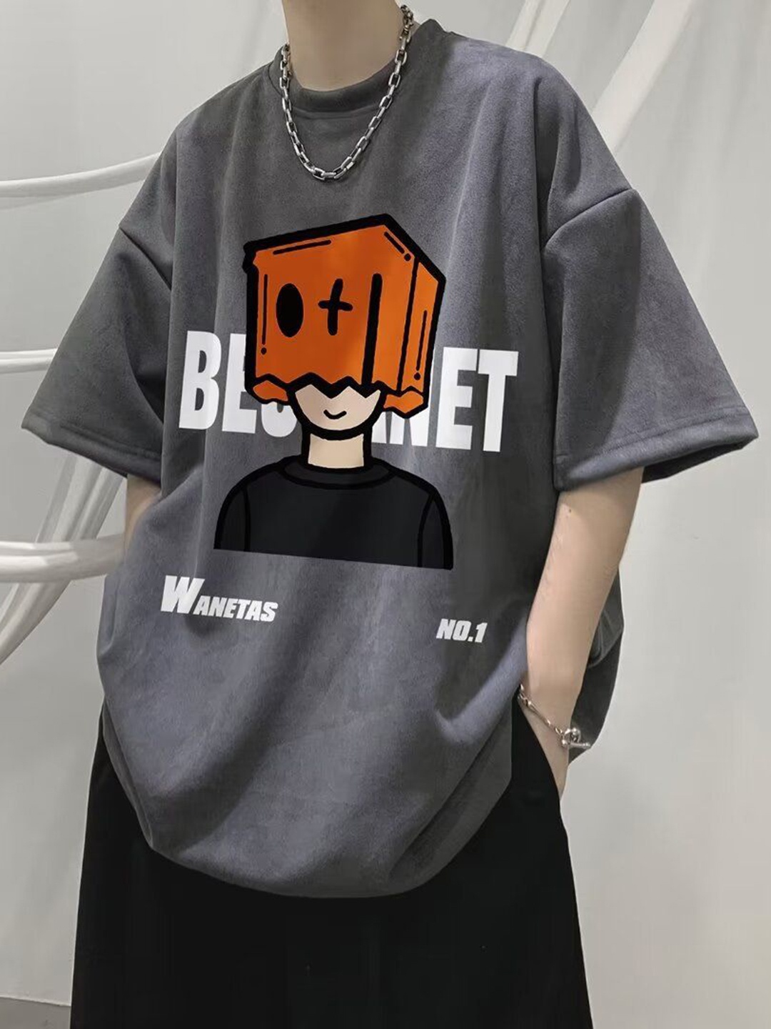 

HERE&NOW Men Graphic Printed Round Neck Cotton Oversized T-shirt, Grey