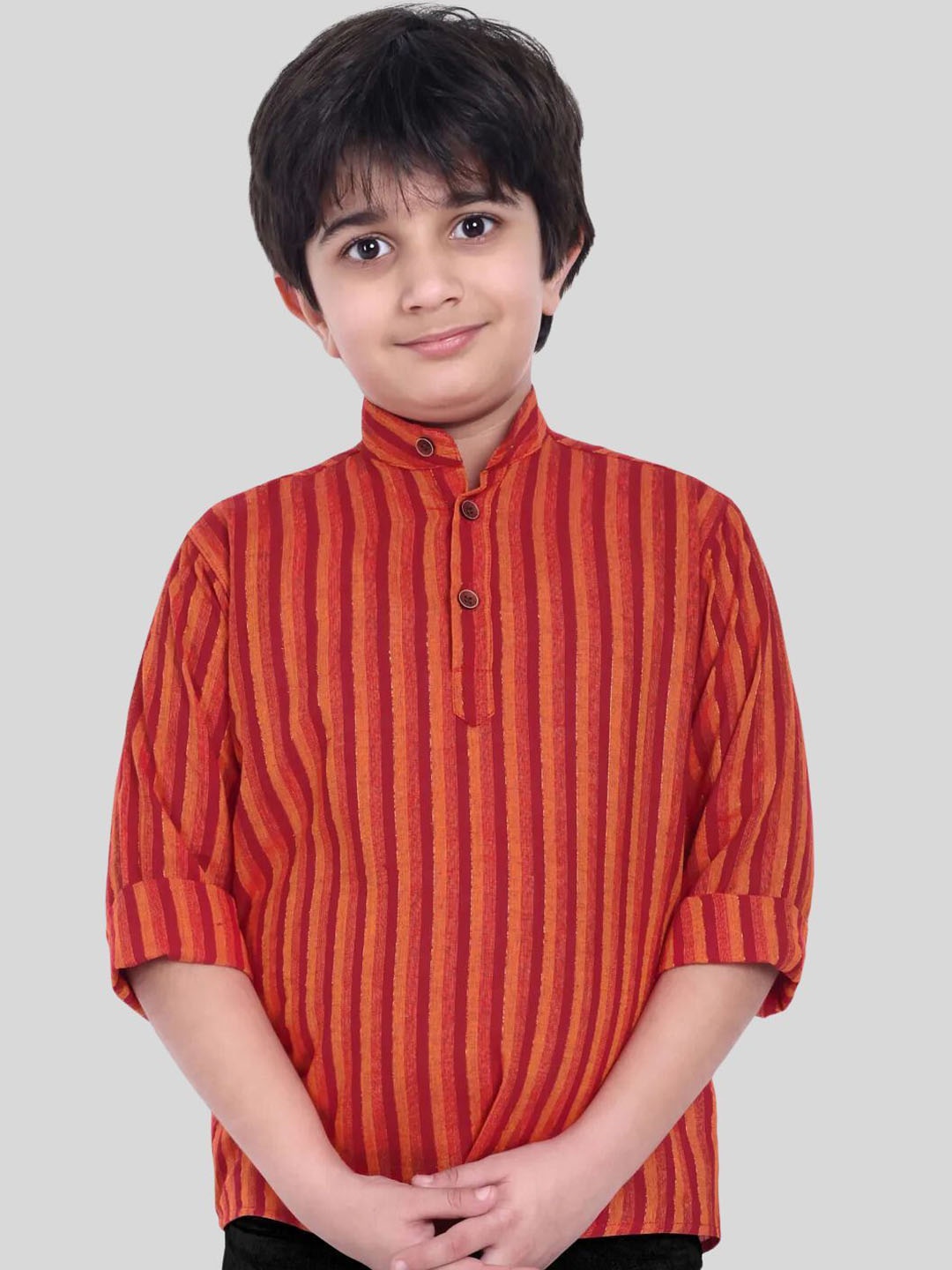 

MOSHI Boys Striped Band Collar Pure Cotton Straight Short Kurta, Red